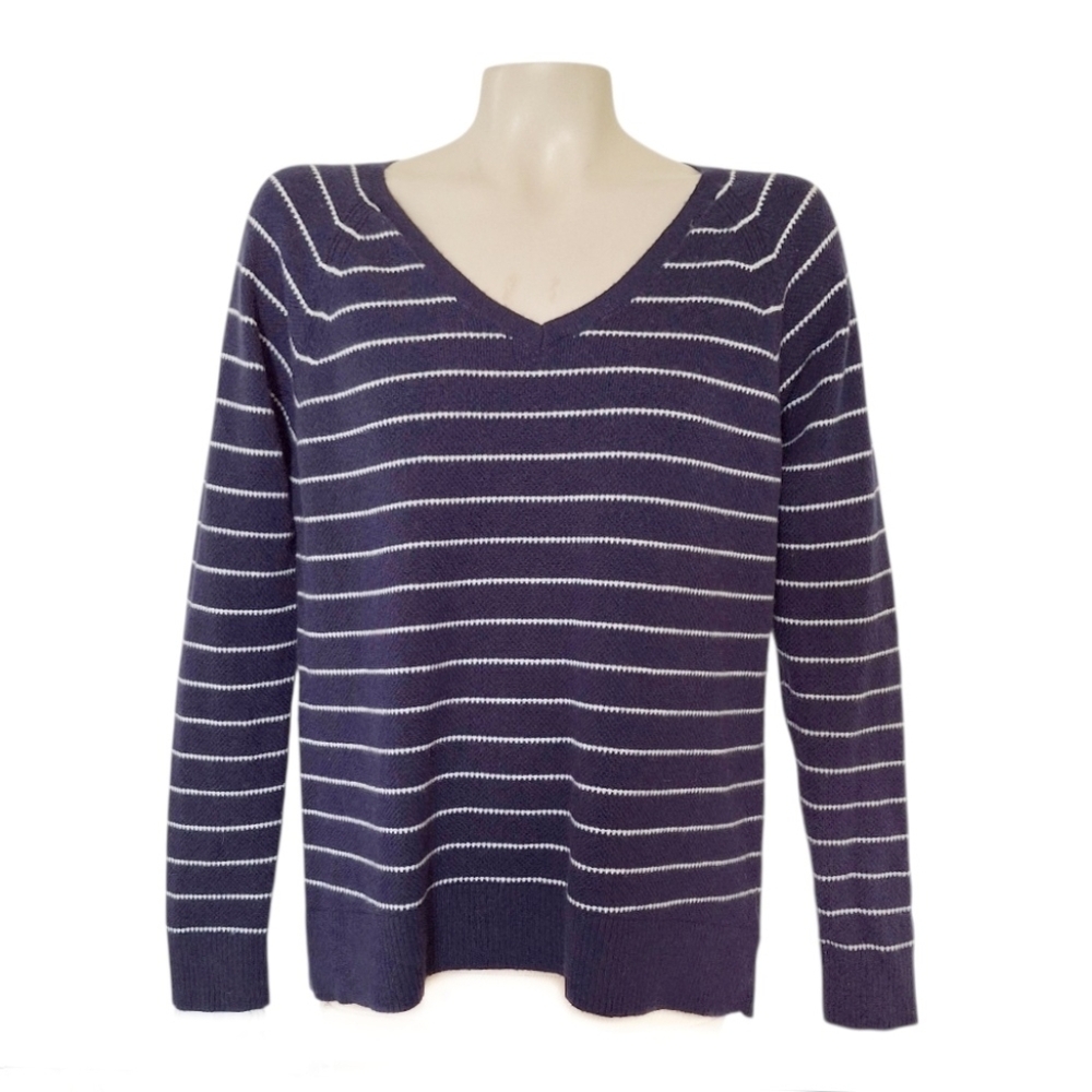 GAP Merino Wool Blend Navy And White Striped V-Neck Sweater M